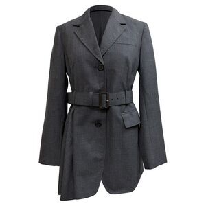 Prada Prince Of Wales Check-Print Belted Blazer in Grey Wool
